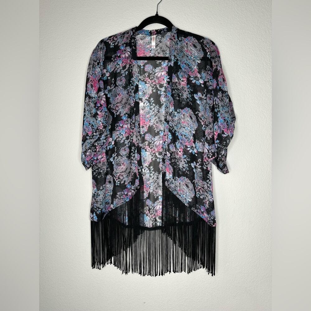 XHILARATION Womens Floral Printed Fringe Sheer Swim Cover up Size XS - Picture 2 of 6